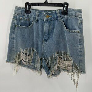 PTKPCC Womens Distressed Denim Shorts With Rhinestone Fringe XL
